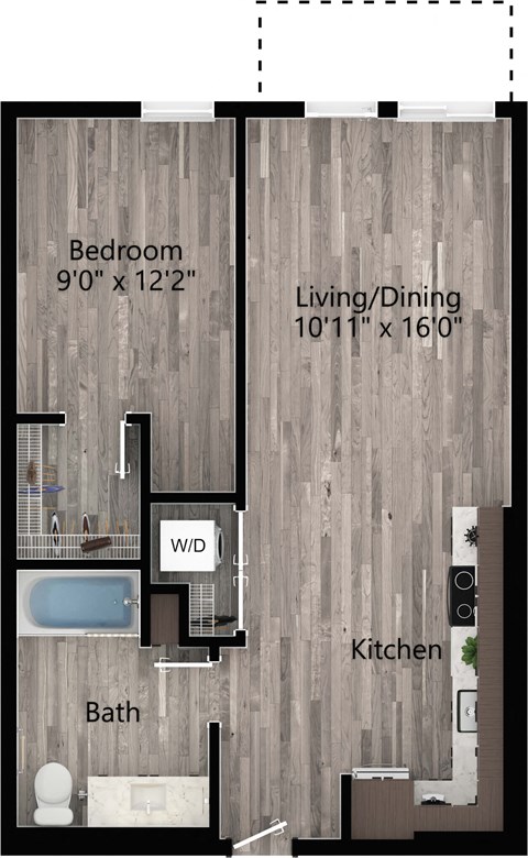 Floor plan for 1 bed, 1 bath, 662 sqft